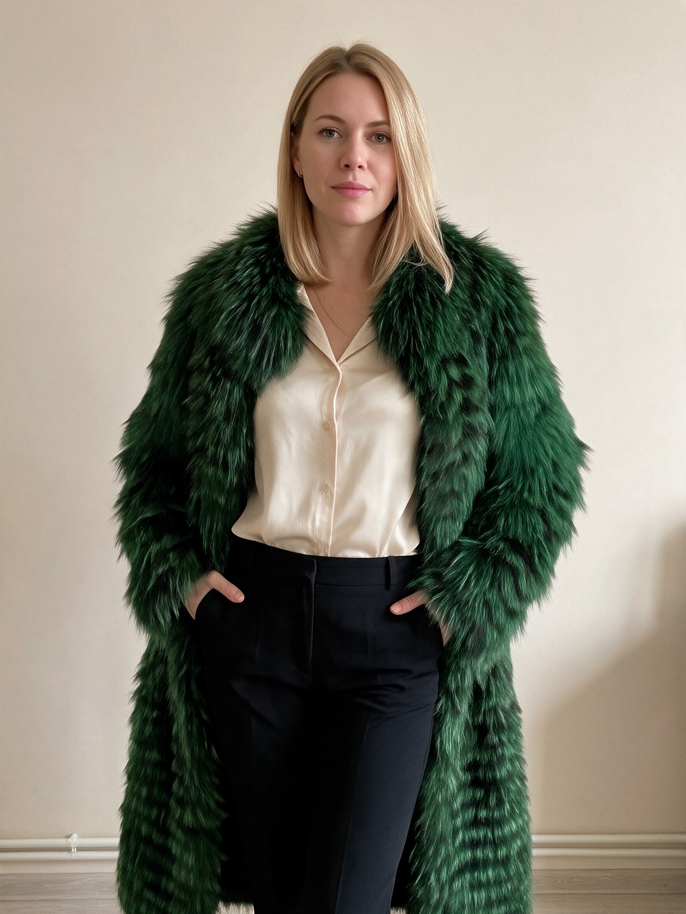 Green Genuine Fox Fur Coat - LONG, Ankle Length - Brand NEW